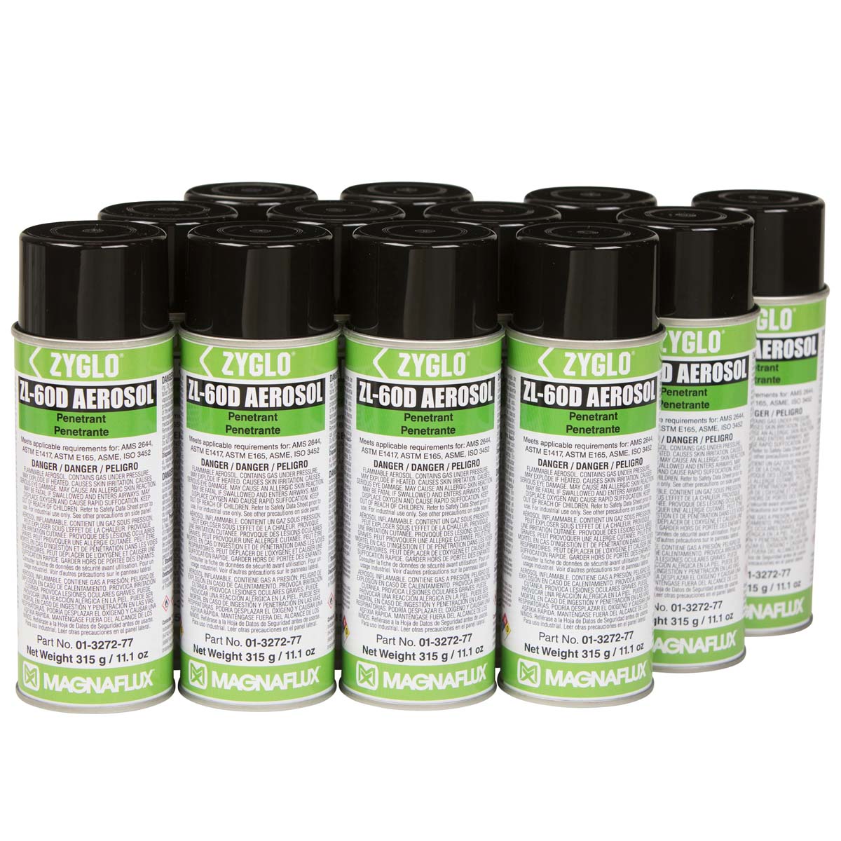 Twelve aerosol cans of Magnaflux ZL-60D Water Washable Fluorescent Penetrant