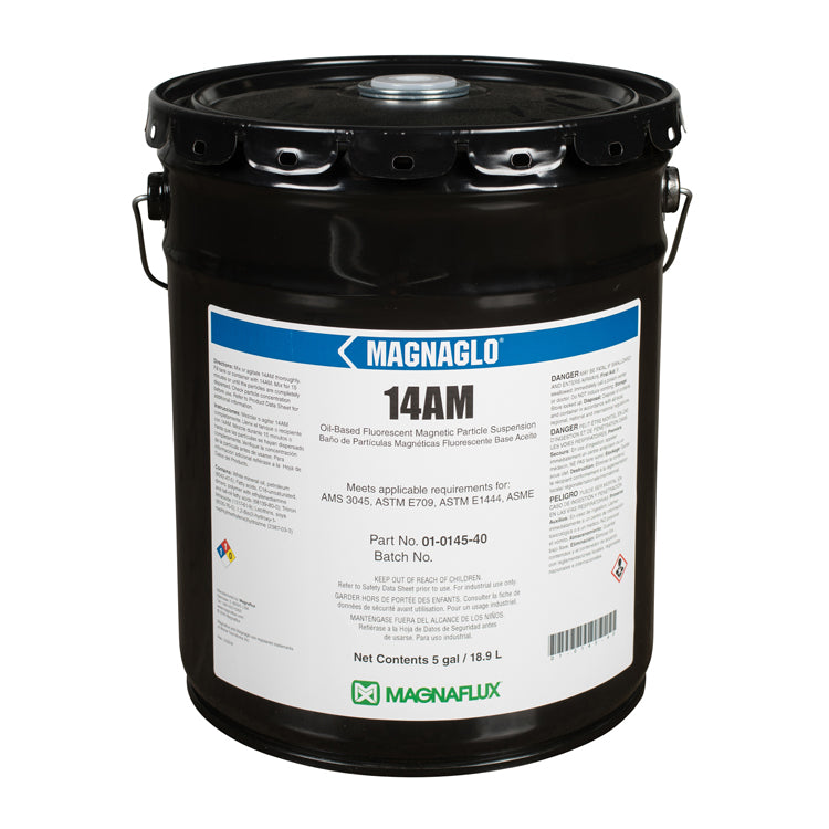 Magnaflux 14AM Fluorescent Particle Suspension in a 5-gallon container, perfect for high-quality magnetic particle inspections.